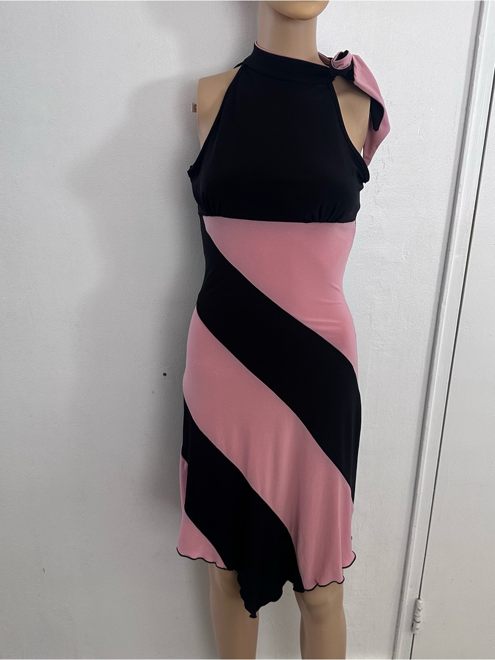 Vintage Forever 21 90s Y2K Handkerchief Hem Dress Pink Black Diagonal Stripe s